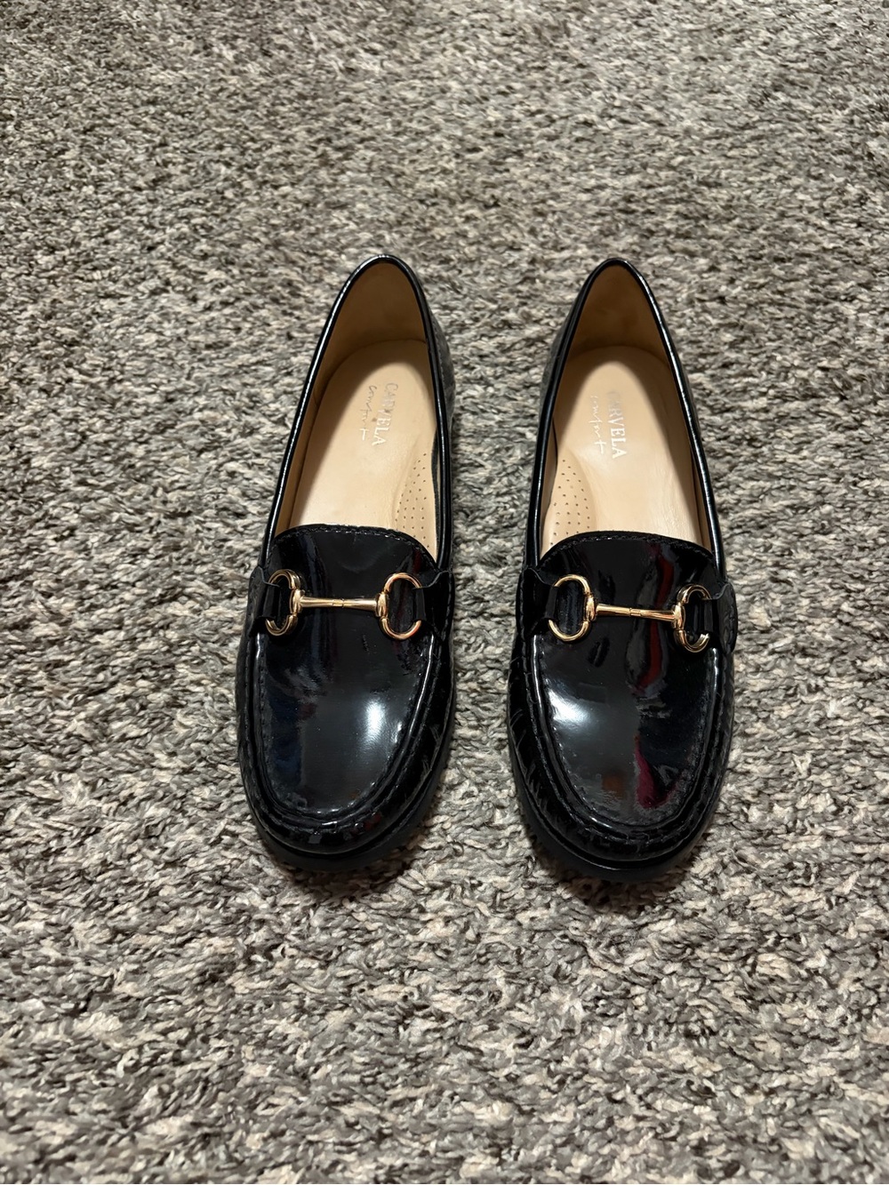 Carvela Black Patent Loafers with Gold Horsebit